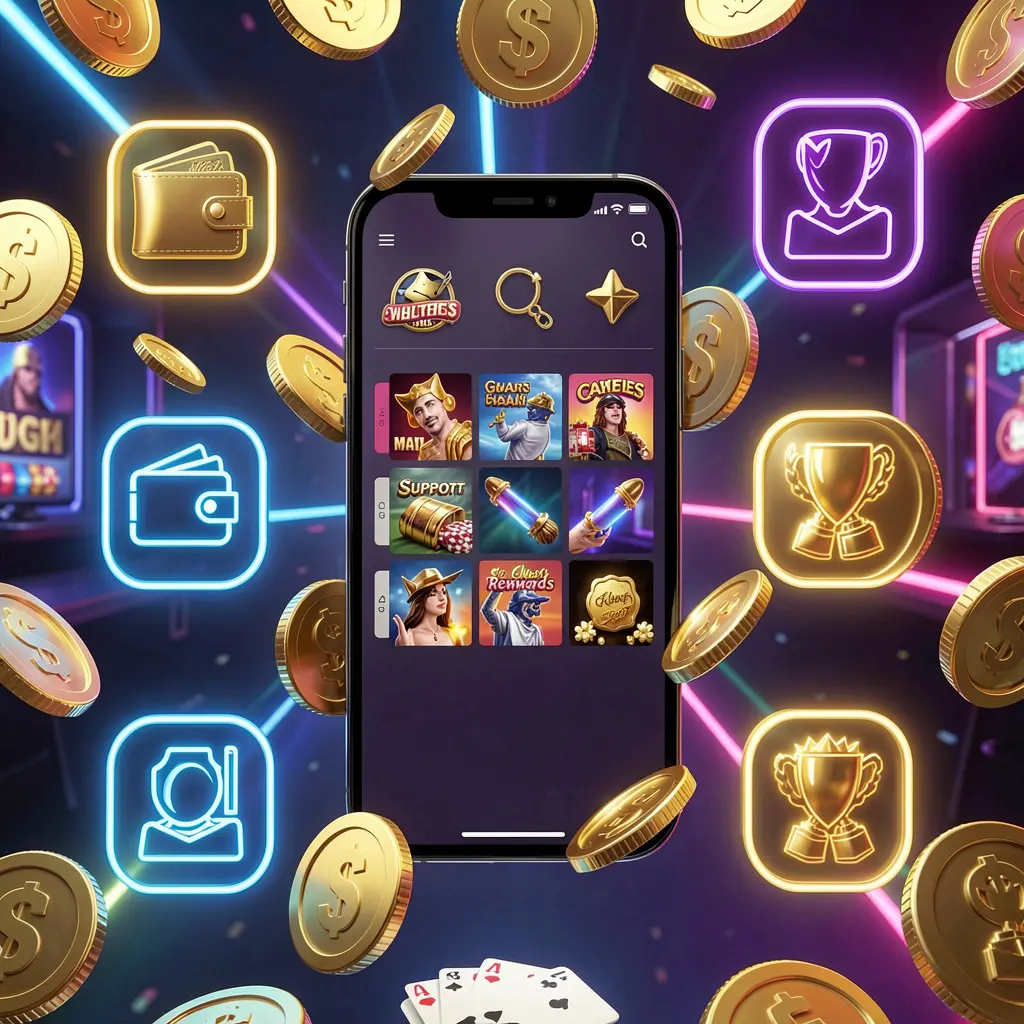 BK234 online casino app features on a smartphone surrounded by icons for wallet, games, support, and rewards with golden coins and neon lights in a luxury 3D render