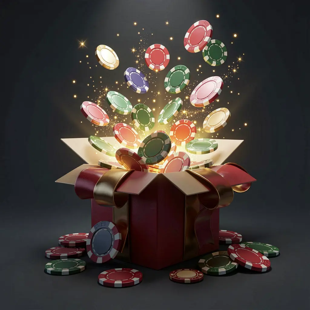 Realistic 3D render of a glowing gift box with free casino chips emerging, surrounded by magical sparkles on a dark premium background, representing BK234's no deposit bonus