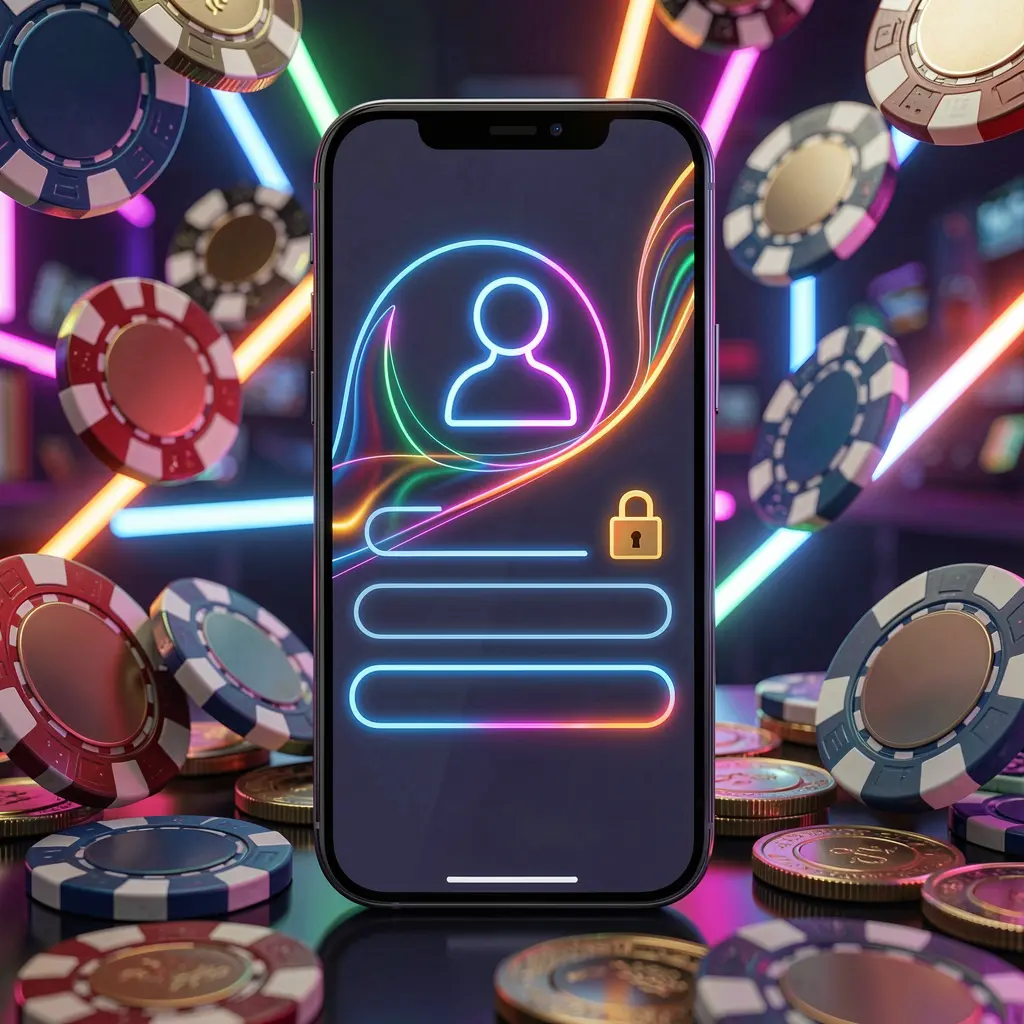 BK234 mobile gaming login page concept showing a smartphone with an abstract login interface featuring user and lock icons, surrounded by casino chips and coins illuminated by luxury neon lighting