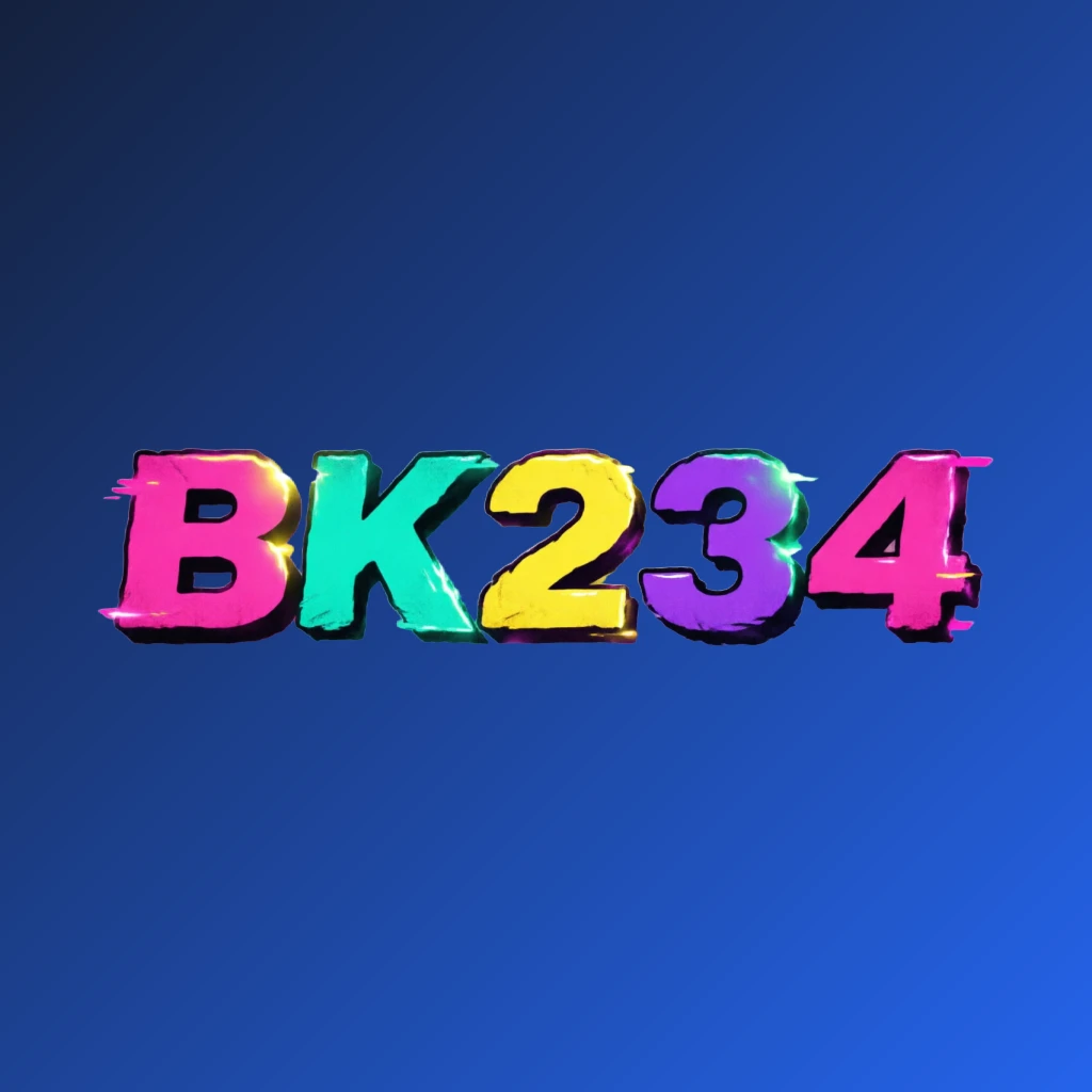 Bold arcade-style logo for BK234 with chunky retro typography in bright pink, turquoise, yellow, and purple colors, creating a vibrant gaming atmosphere on a transparent background