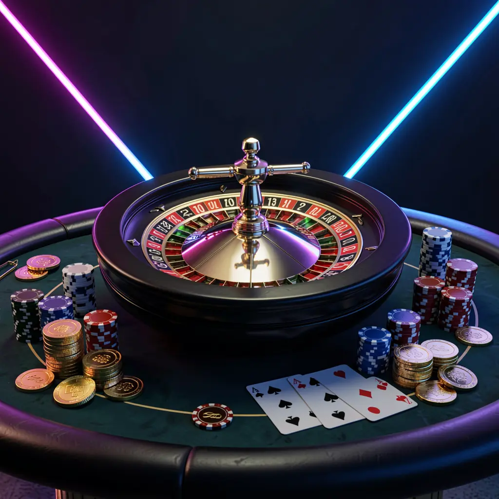 BK234 online casino homepage hero banner featuring a luxury casino table with a roulette wheel, poker chips, playing cards, and golden coins against a dark premium background with neon glow in a cinematic 3D render